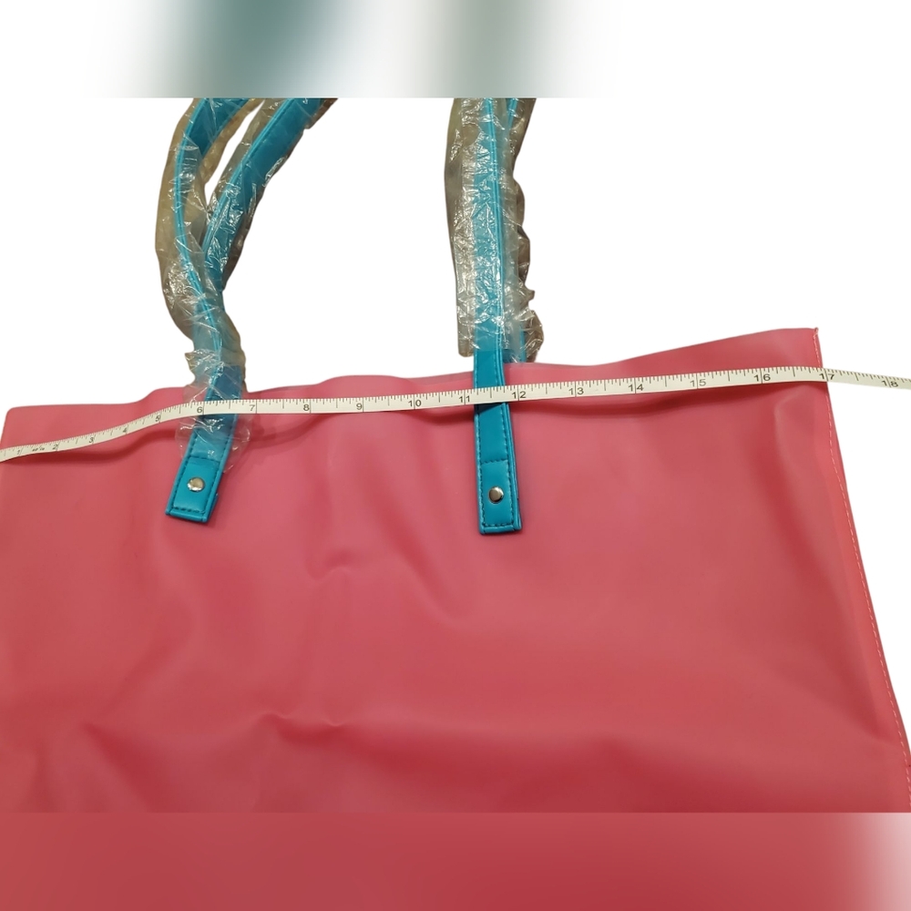 NWOT Stylish Nordstrom Pink Plastic Jelly Tote Bag with Teal Handles - Picture 3 of 7